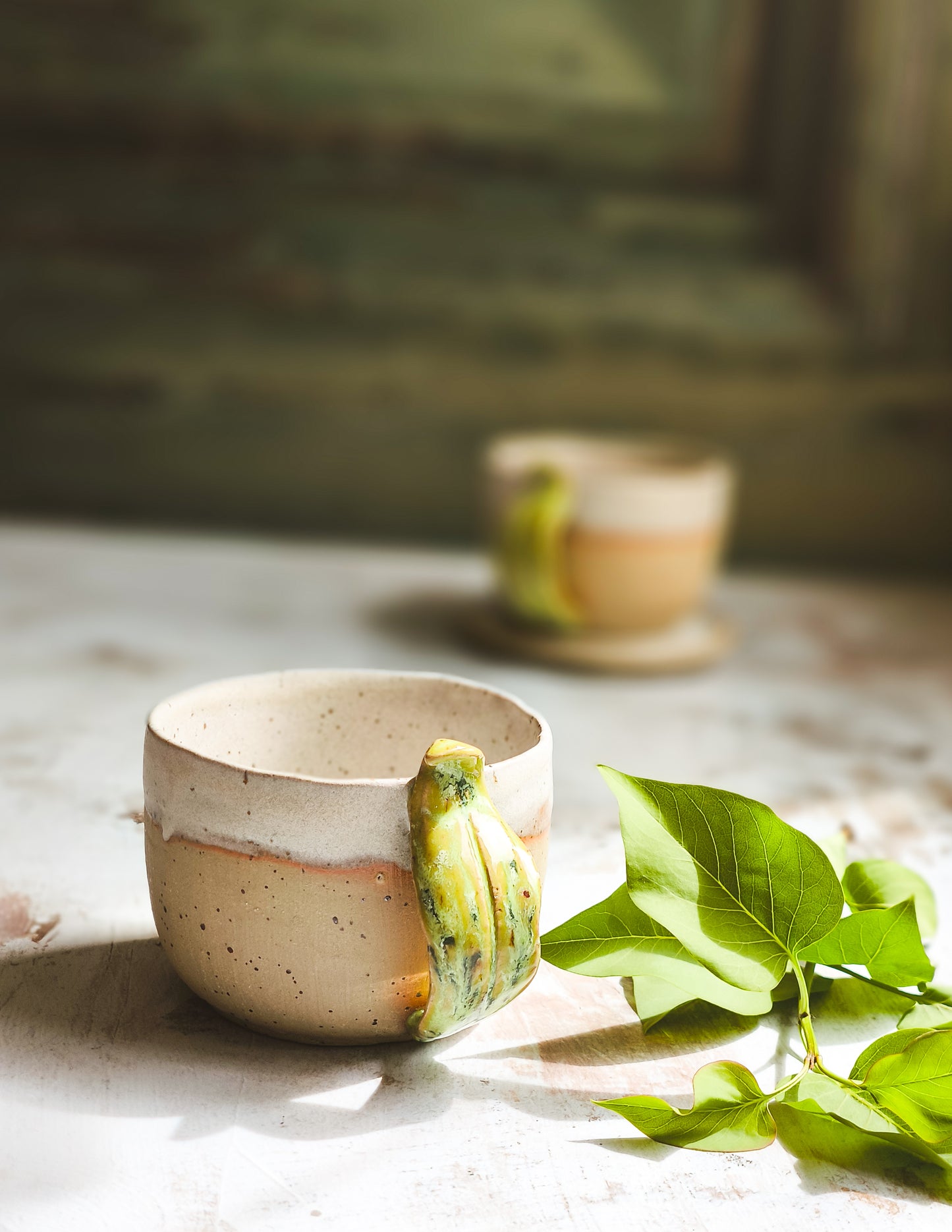 Handmade Ceramic Coffee or Tea Mug with Leaf-Shaped Handle