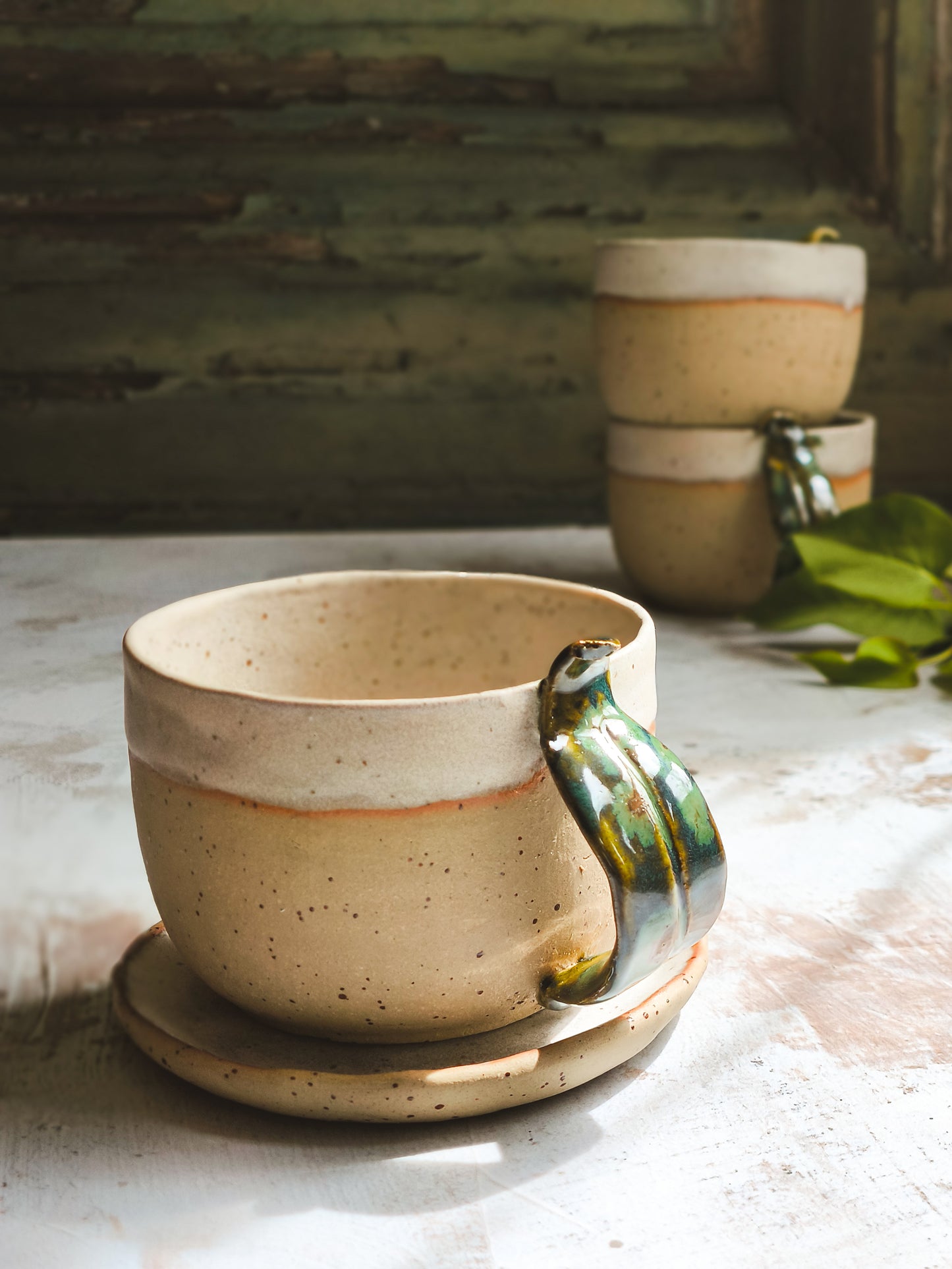 Handmade Ceramic Coffee or Tea Mug with Leaf-Shaped Handle